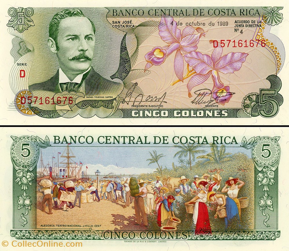 billet amerique centrale et caraibe costum costa rica pick 236d19 5 colones 1989