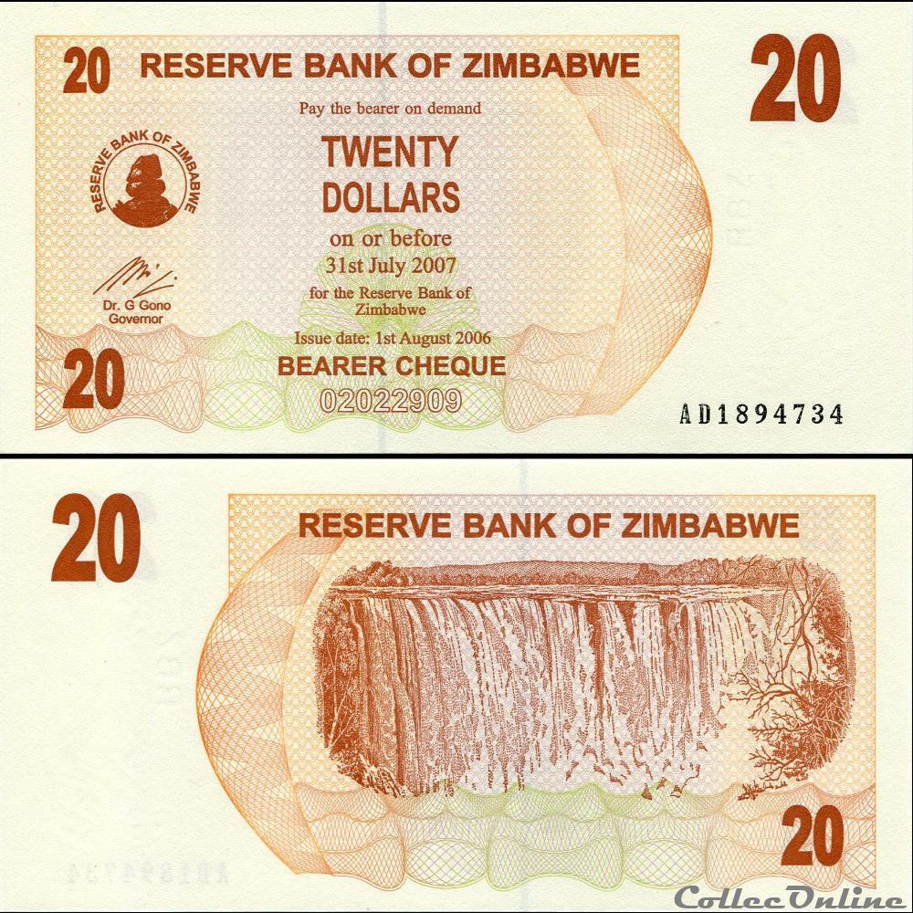 billet afrique zimbabwe pick 040a 20 dollars 2006