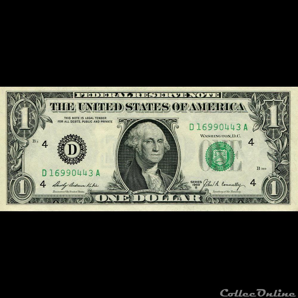 D- 1$ Federal Reserve Notes - Small Size 1969B Series billet amerique du nord etat uni d 1 federal reserve notes small size 1969b series