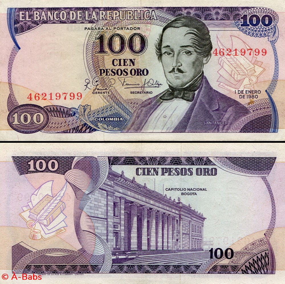 COLOMBIE - PICK 418 b - 100 PESOS DE ORO COLOMBIEN - 1980 billets amerique du sud colombie pick 418 b 100 pesos de oro colombien 1980