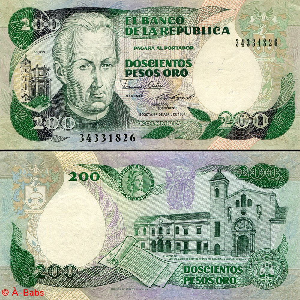 COLOMBIE - PICK 429 d 1 - 200 PESOS DE ORO COLOMBIEN - 1987 billets amerique du sud colombie pick 429 d 1 200 pesos de oro colombien 1987
