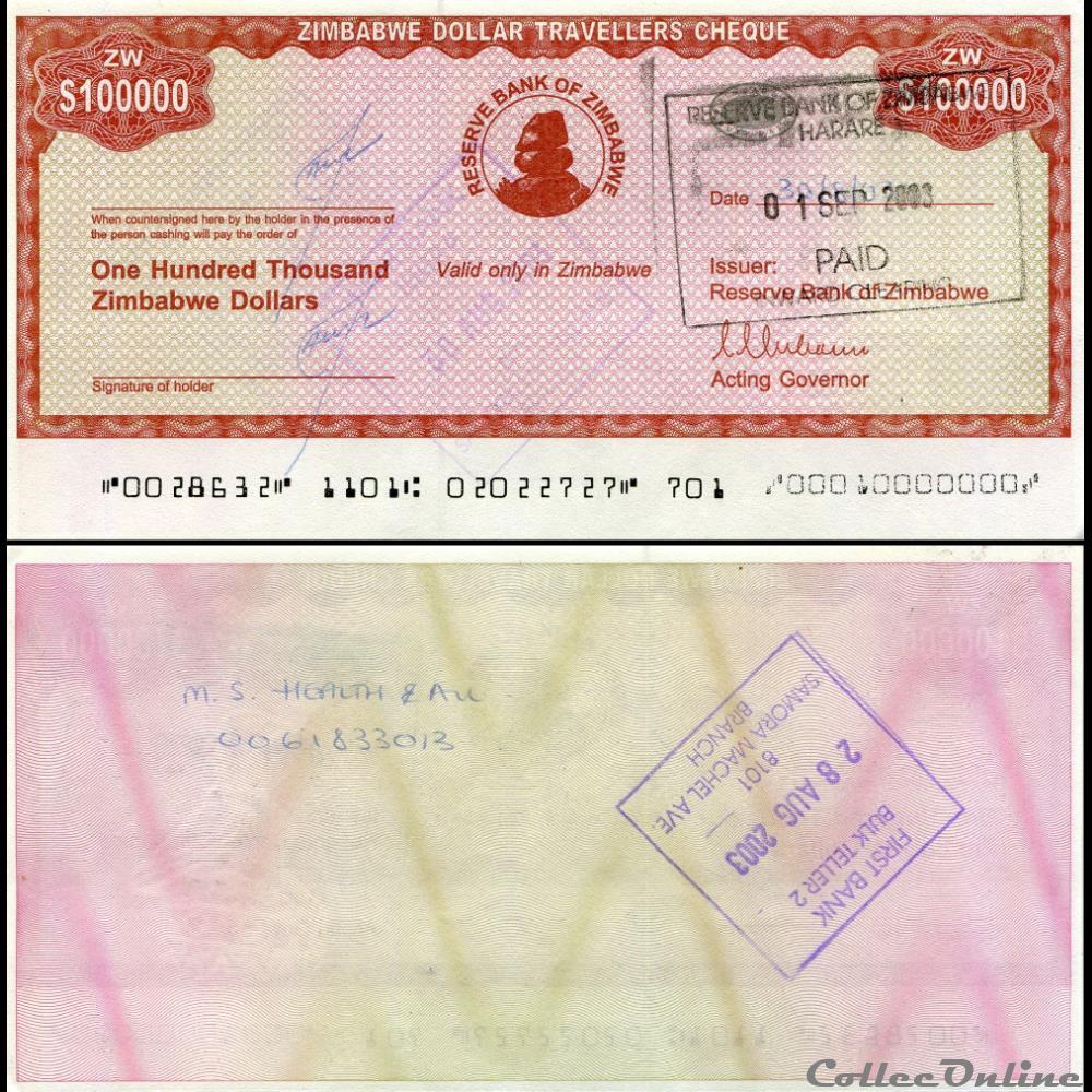 billet afrique zimbabwe pick 020a 100 000 dollars 2003