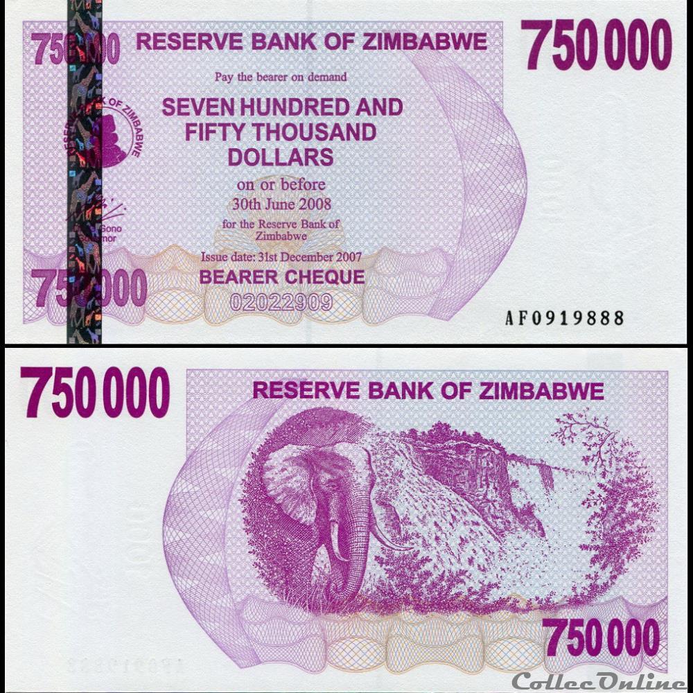 ZIMBABWE - PICK 052a - 750 000 Dollars - 2007 billet afrique zimbabwe pick 052a 750 000 dollars 2007