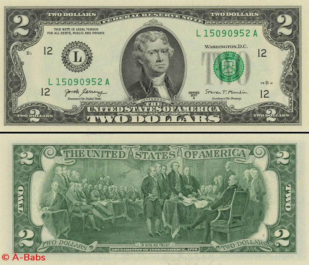 L- San-Francisco District - 2$ Federal Reserve Notes - Small Size 2017A Series billets amerique du nord etats unis l san francisco district 2 federal reserve notes small size 2017a series