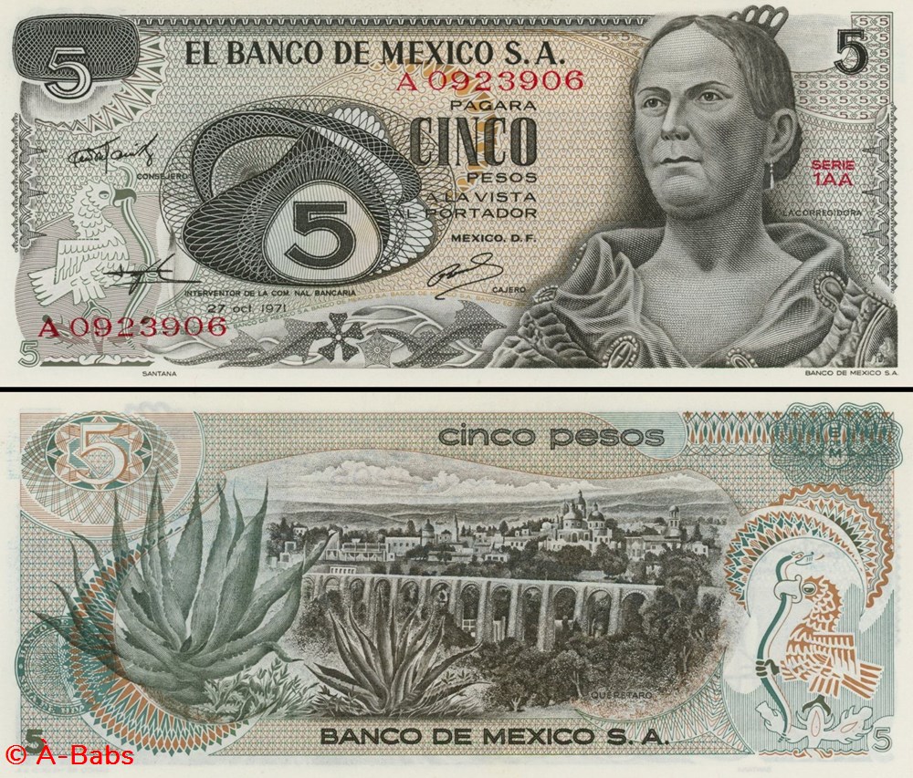 MEXIQUE - PICK 062- Série 1AA - 5 PESOS - 1971 billets amerique du nord mexique pick 062 serie 1aa 5 pesos 1971