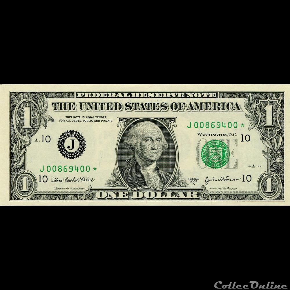 J- 1$ Federal Reserve Notes - Small Size 2003A Series billet amerique du nord etat uni j 1 federal reserve notes small size 2003a series