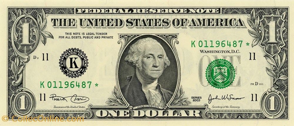 K- 1$ Federal Reserve Notes - Small Size 2003 Series billets amerique du nord etats unis k 1 federal reserve notes small size 2003 series