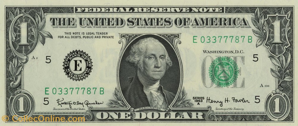 E- 1$ Federal Reserve Notes - Small Size 1963A Series billets amerique du nord etats unis e 1 federal reserve notes small size 1963a series