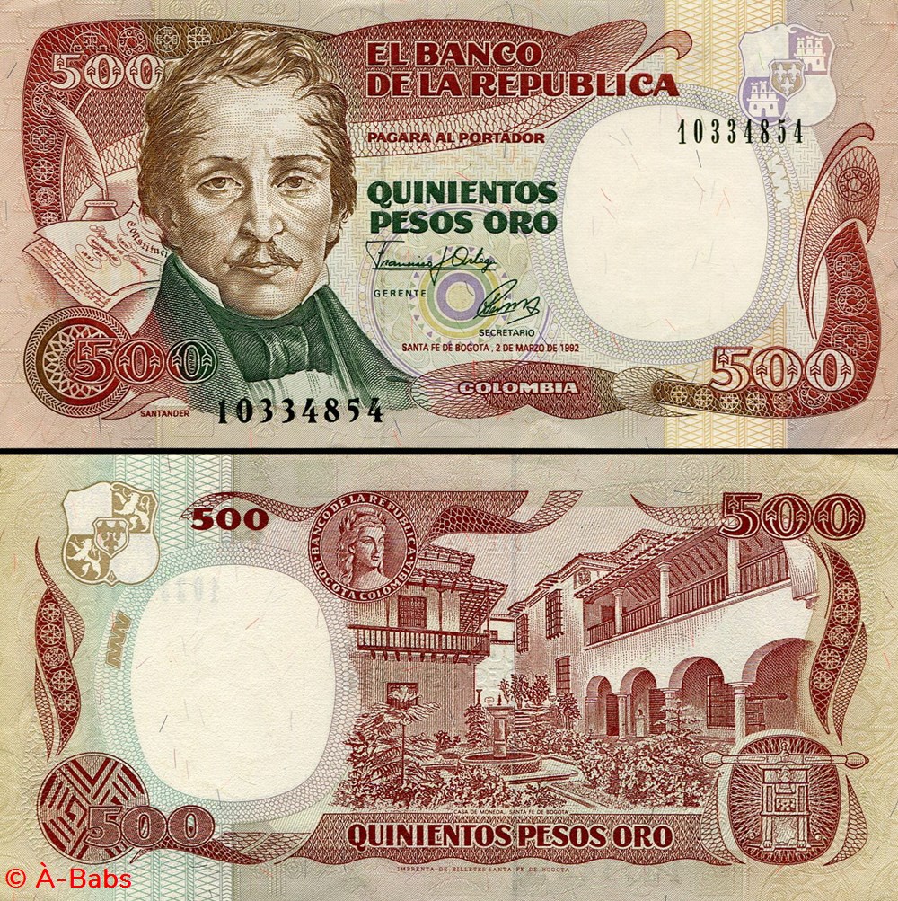 billets amerique du sud colombie pick 431 aa1 500 pesos de oro colombien 1992