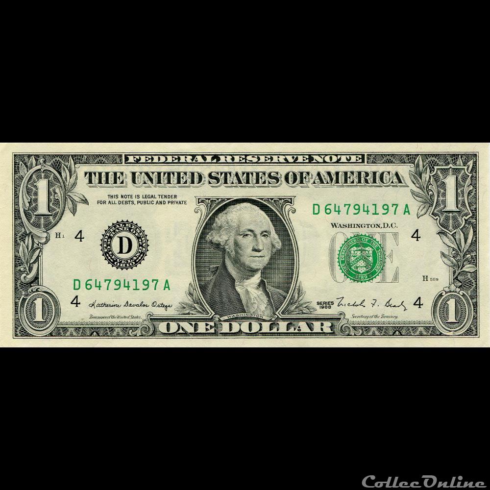 D- 1$ Federal Reserve Notes - Small Size 1988 Series billet amerique du nord etat uni d 1 federal reserve notes small size 1988 series