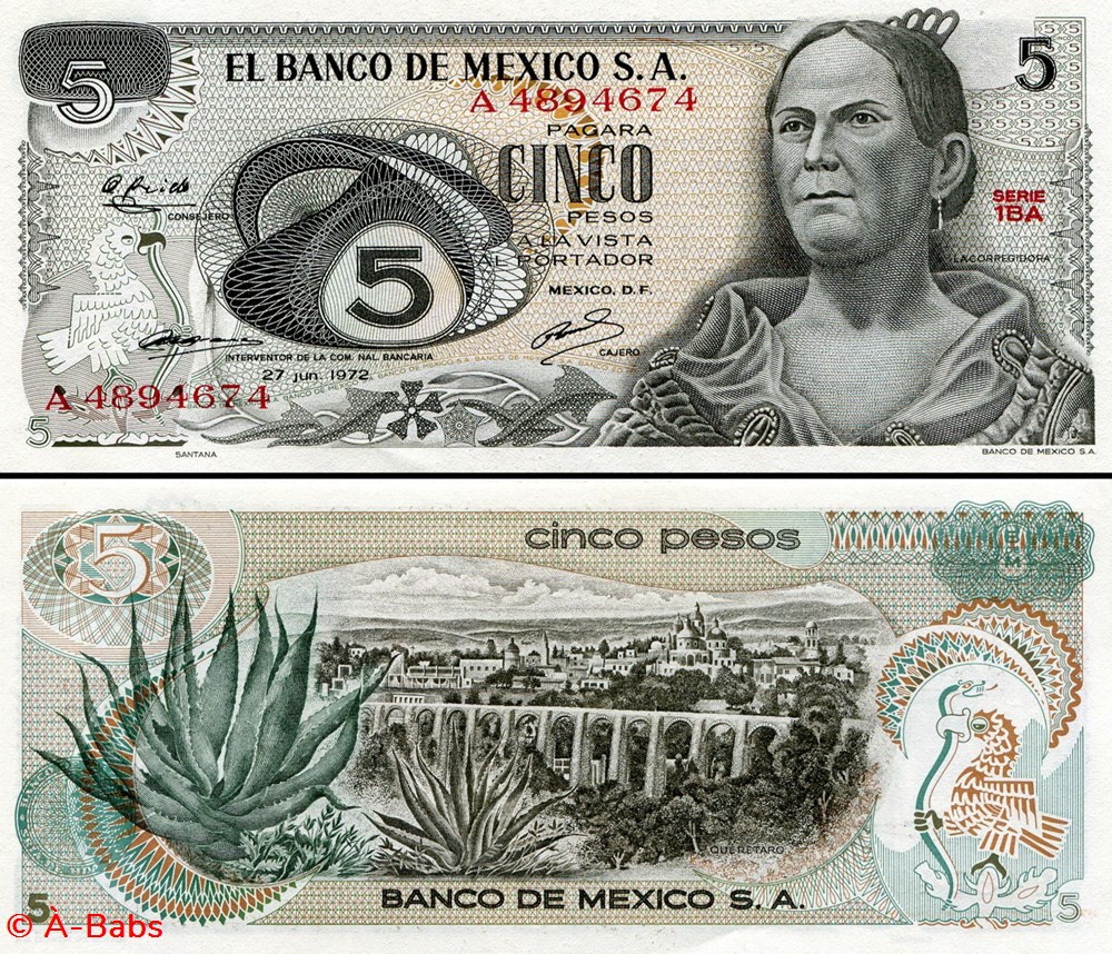 MEXIQUE - PICK 062- Série 1BA - 5 PESOS - 1972 billets amerique du nord mexique pick 062 serie 1ba 5 pesos 1972