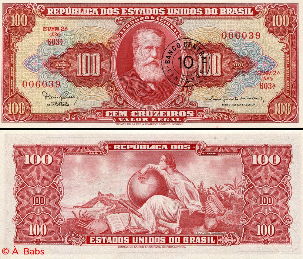 BRÉSIL - PICK 185a - 10 CENTAVOS SUR 100 CRUZEIROS - 1966 billets amerique du sud bresil pick 185a 10 centavos sur 100 cruzeiros 1966