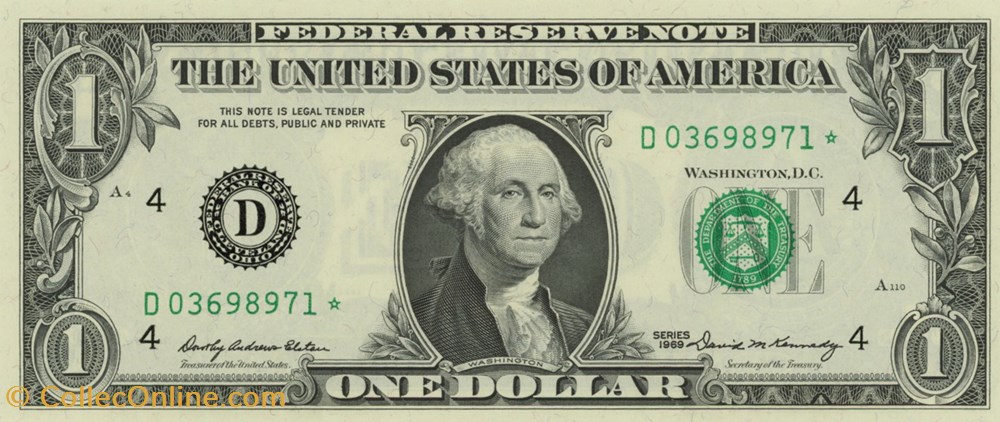 D- 1$ Federal Reserve Notes - Small Size 1969 Series billets amerique du nord etats unis d 1 federal reserve notes small size 1969 series