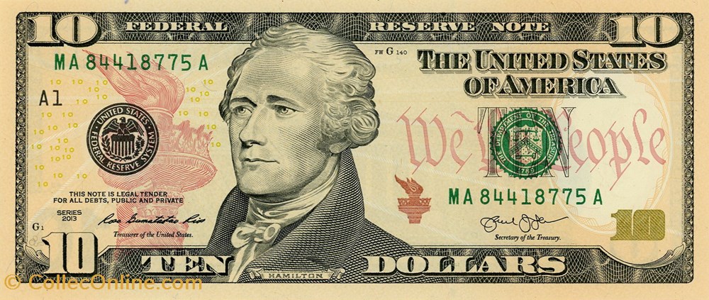 10$ Federal Reserve Notes - Small Size 2013 Series billets amerique du nord etats unis 10 federal reserve notes small size 2013 series