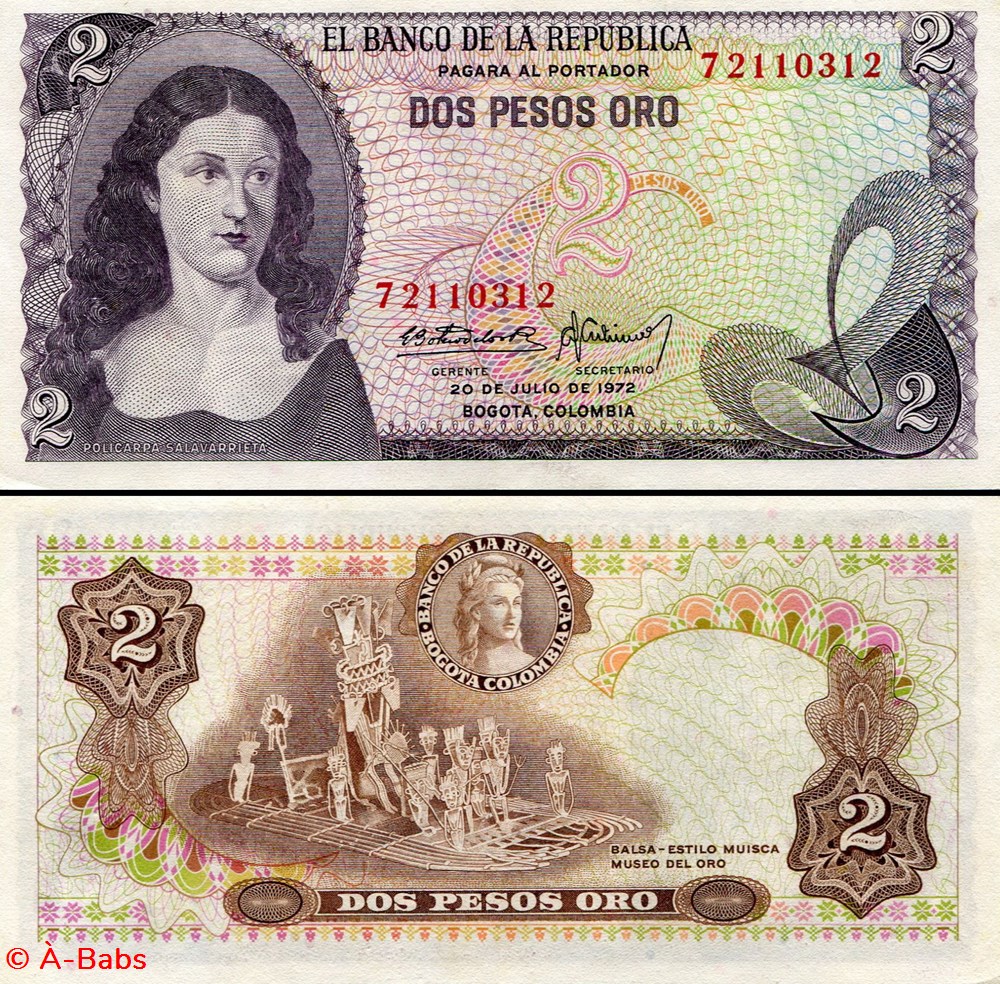 COLOMBIE - PICK 413 a 2 - 2 PESOS DE ORO COLOMBIEN - 1972 billets amerique du sud colombie pick 413 a 2 2 pesos de oro colombien 1972