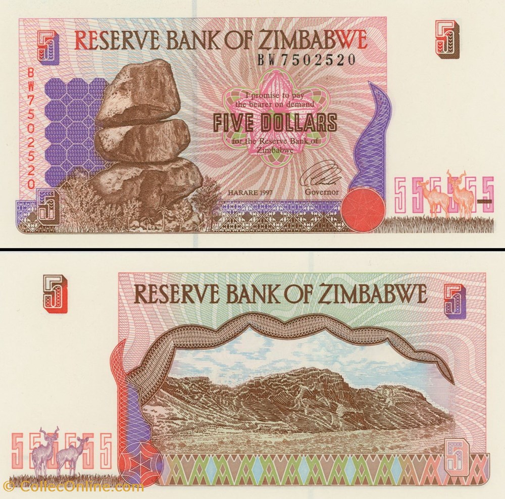 ZIMBABWE - PICK 005b - 5 Dollars - 1997 billets afrique zimbabwe pick 005b 5 dollars 1997