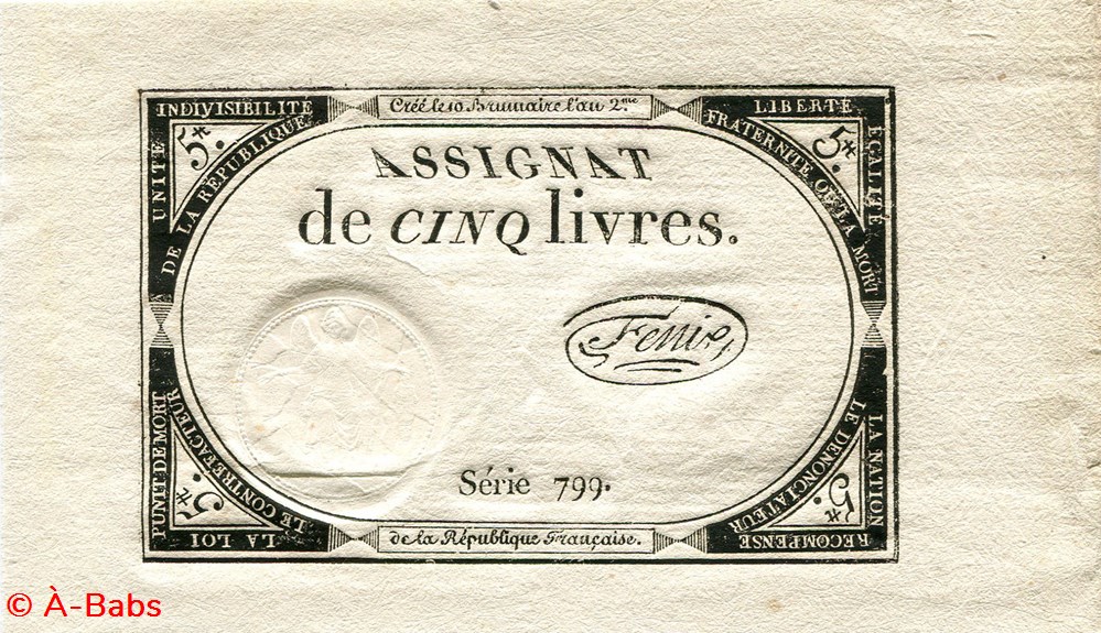 FRANCE - ASSIGNAT DE 5 LIVRES -31/10/1793 - 10 BRUMAIRE DE L'AN II billets europe france assignat de 5 livres 31 10 1793 10 brumaire de an ii