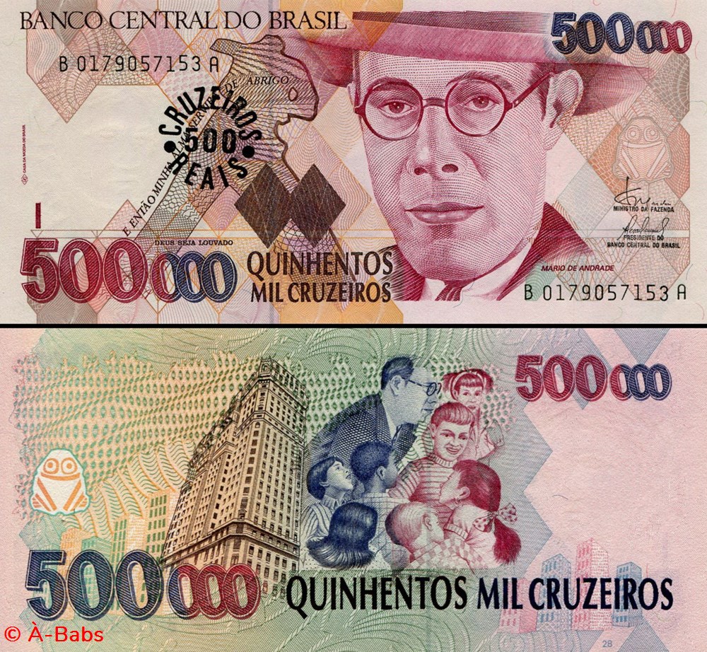 billets amerique du sud bresil pick 239b 500 cruzeiros reais sur 500 000 cruzeiros 1993