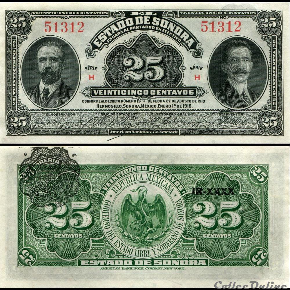 billet amerique du nord mexique pick s1069 25 centavos etat de sonora 1915