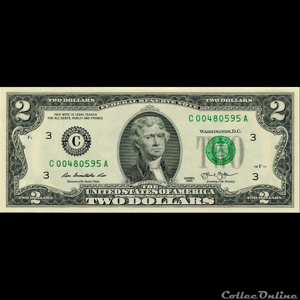 C- Philadelphie District - 2$ Federal Reserve Notes - Small Size 2013 Series billet amerique du nord etat uni c philadelphie district 2 federal reserve notes small size 2013 series