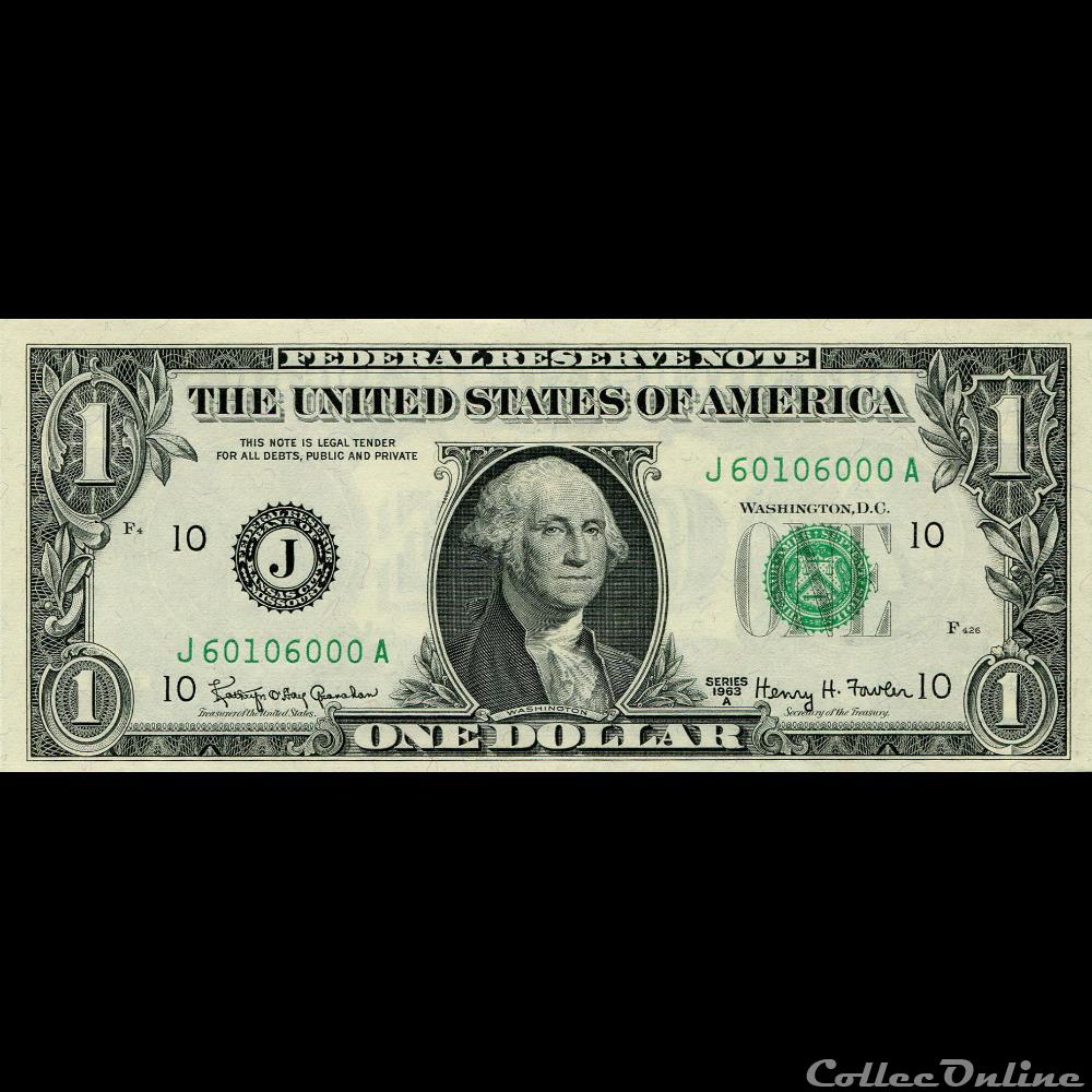 J- 1$ Federal Reserve Notes - Small Size 1963A Series billet amerique du nord etat uni j 1 federal reserve notes small size 1963a series