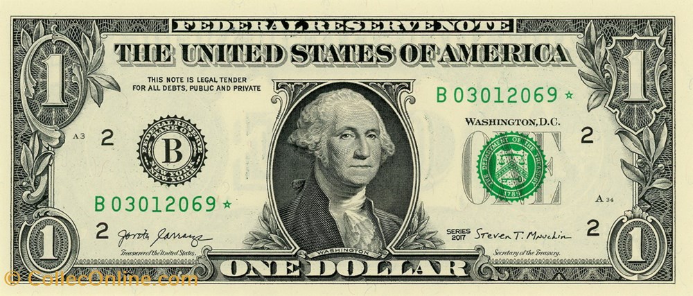 B- 1$ Federal Reserve Notes - Small Size 2017 Series billet amerique du nord etat uni b 1 federal reserve notes small size 2017 series