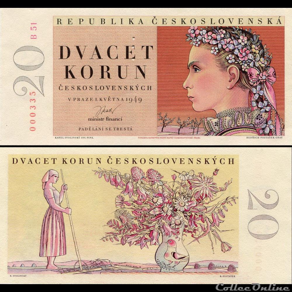 TCHÉCOSLOVAQUIE - PICK 70 s 1 - 20 KORUN - 1949 billet europe tchecolovaquie tchecoslovaquie pick 70 s 1 20 korun 1949