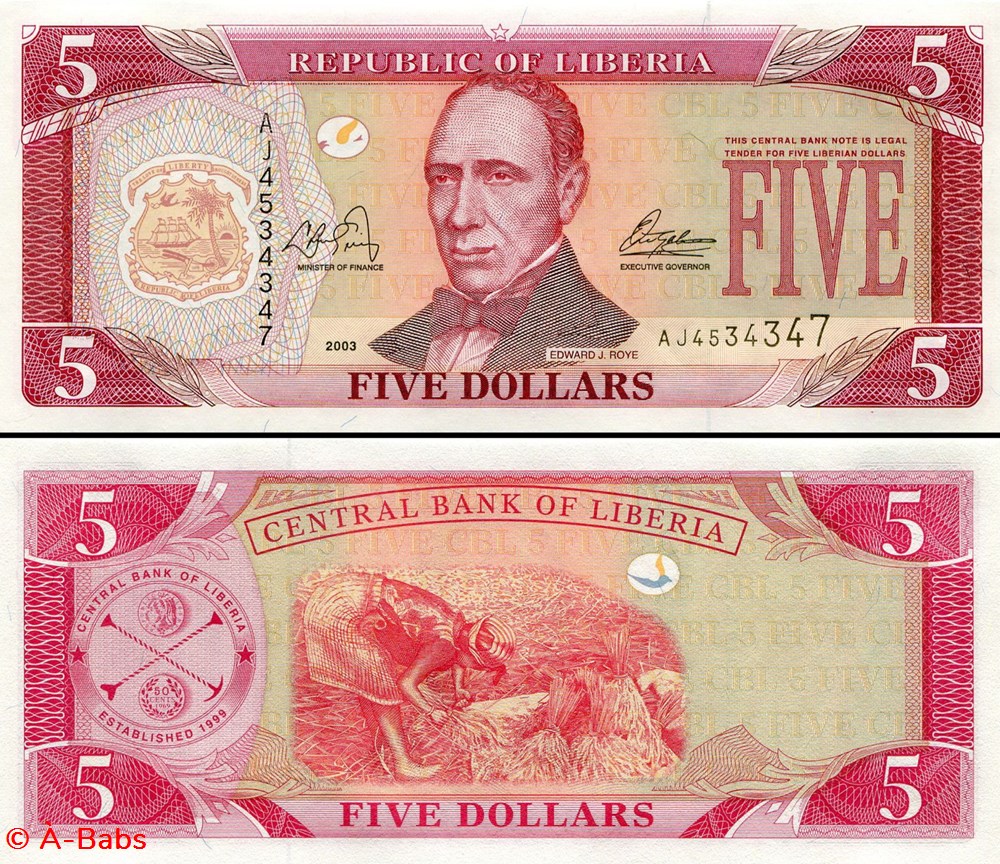 LIBERIA - PICK 26 a - 5 DOLLARS - 2003 billets afrique liberia pick 26 a 5 dollars 2003