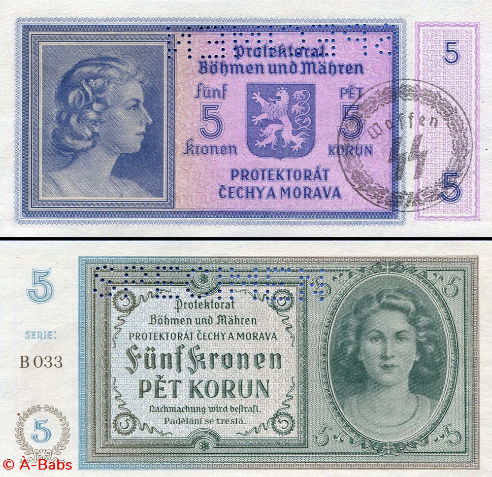 BOHÊME MORAVIE - PICK 4S - 5 KRONER - 1940 billets europe tchecolovaquie boheme moravie pick 4s 5 kroner 1940
