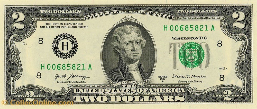 H- Saint-Louis District - 2$ Federal Reserve Notes - Small Size 2017A Series billets amerique du nord etats unis h saint louis district 2 federal reserve notes small size 2017a series
