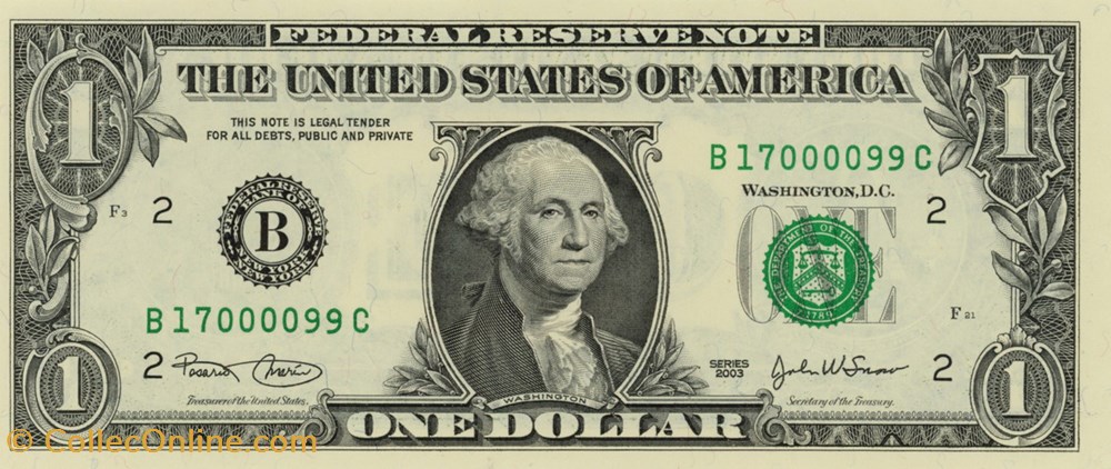 B- 1$ Federal Reserve Notes - Small Size 2003 Series billets amerique du nord etats unis b 1 federal reserve notes small size 2003 series