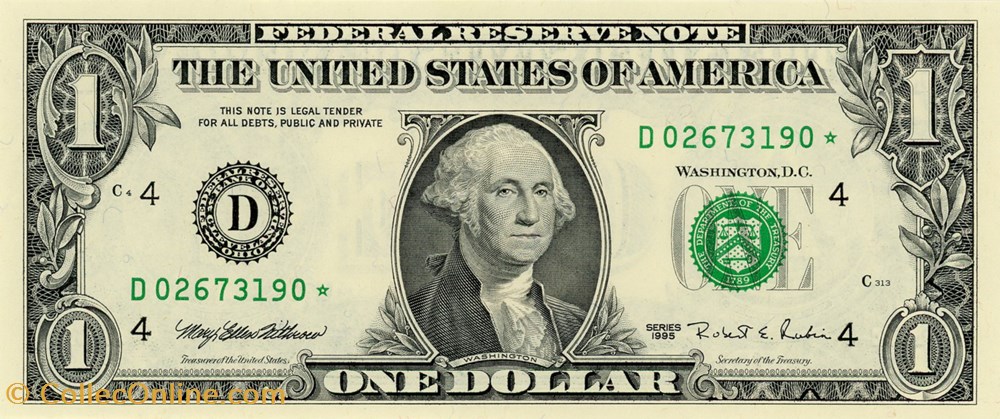 D- 1$ Federal Reserve Notes - Small Size 1995 Series billets amerique du nord etats unis d 1 federal reserve notes small size 1995 series