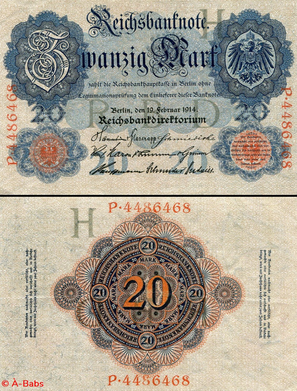 ALLEMAGNE - PICK 046 b - 20 MARK - 1914 billets europe allemagne pick 046 b 20 mark 1914