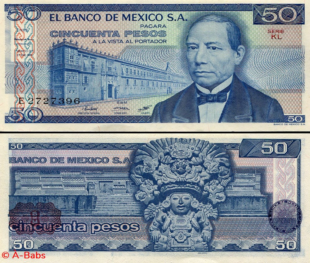 MEXIQUE - PICK 073a.KL - 50 PESOS - 1981 billets amerique du nord mexique pick 073a kl 50 pesos 1981