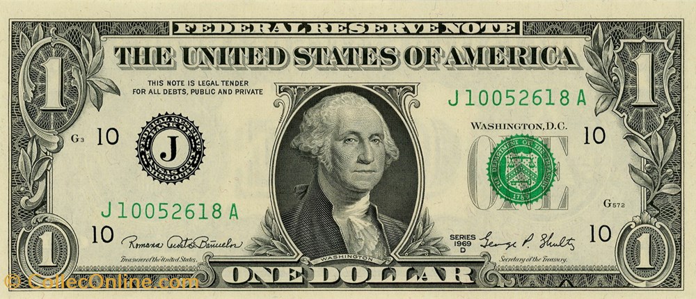 J- 1$ Federal Reserve Notes - Small Size 1969D Series billets amerique du nord etats unis j 1 federal reserve notes small size 1969d series