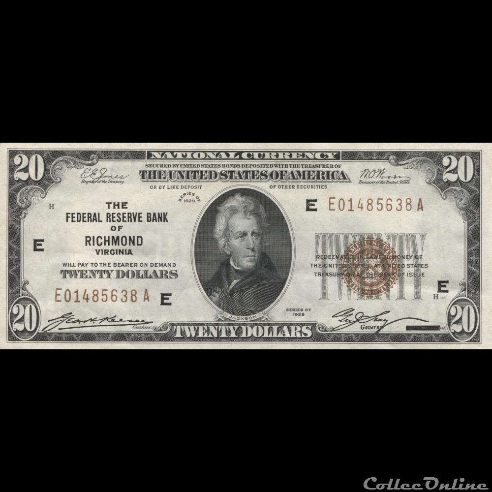 billets amerique du nord etats unis 20 federal reserve bank note brown seal 1929