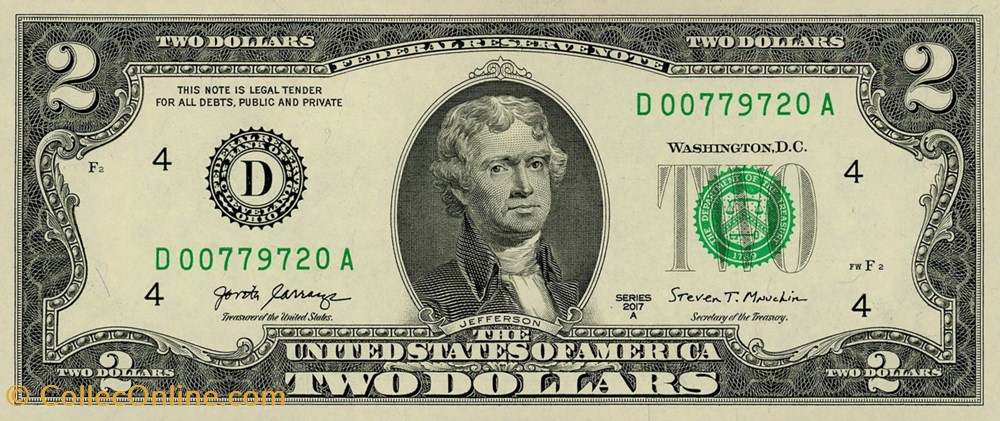 D- Cleveland District - 2$ Federal Reserve Notes - Small Size 2017A Series billet amerique du nord etat uni d cleveland district 2 federal reserve notes small size 2017a series