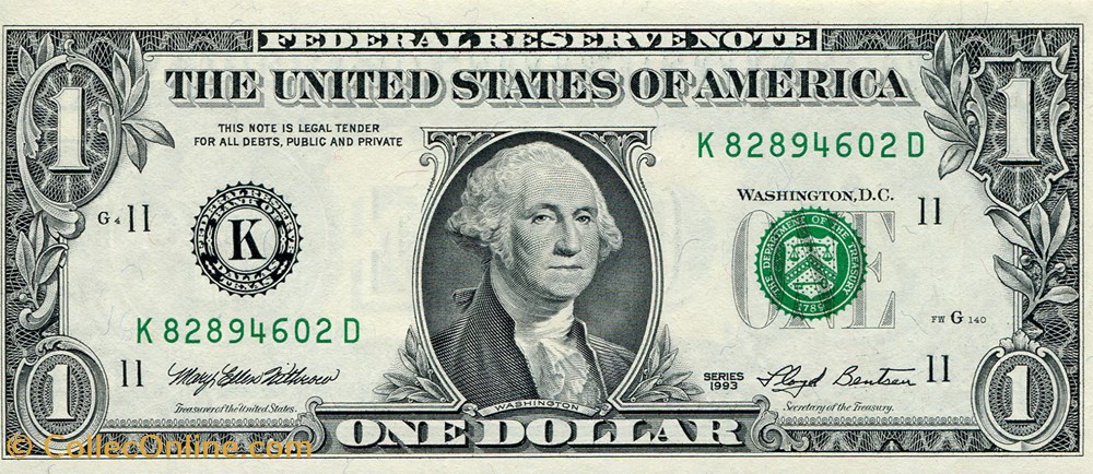 K- 1$ Federal Reserve Notes - Small Size 1993 Series billet amerique du nord etat uni k 1 federal reserve notes small size 1993 series
