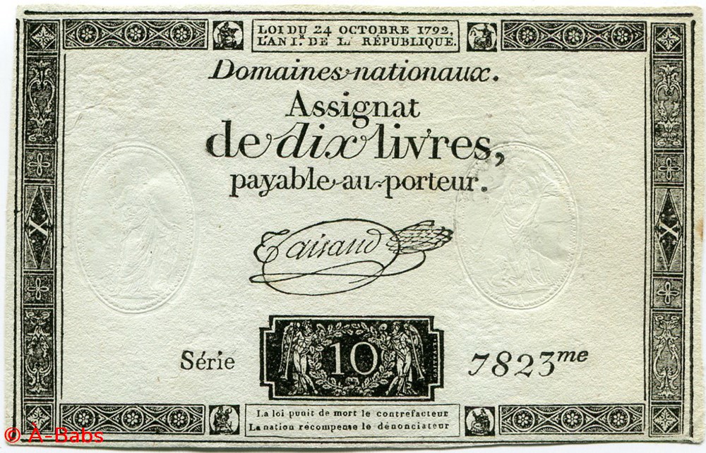 FRANCE - ASSIGNAT DE 10 LIVRES -24/10/1792 billets europe france assignat de 10 livres 24 10 1792