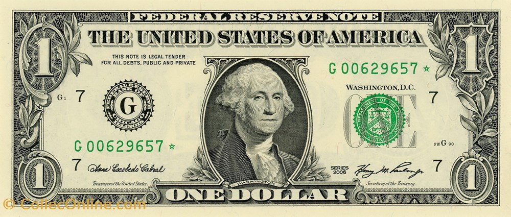 G- 1$ Federal Reserve Notes - Small Size 2006 Series billets amerique du nord etats unis g 1 federal reserve notes small size 2006 series