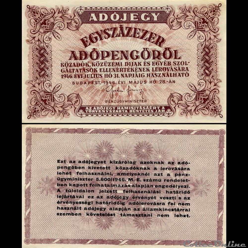 HONGRIE - PICK 144 e - 100,000 ADOPENGO - 1946 billet europe hongrie pick 144 e 100 000 adopengo 1946