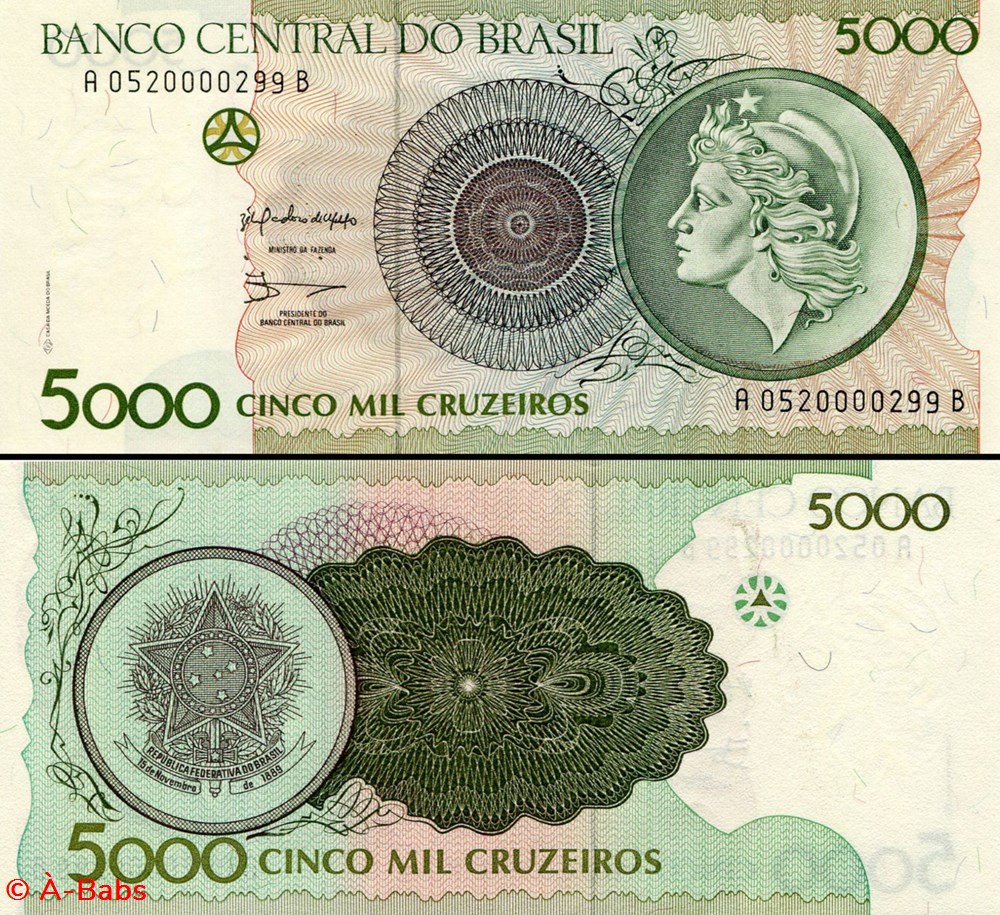 billets amerique du sud bresil pick 227 5000 cruzeiros 1990