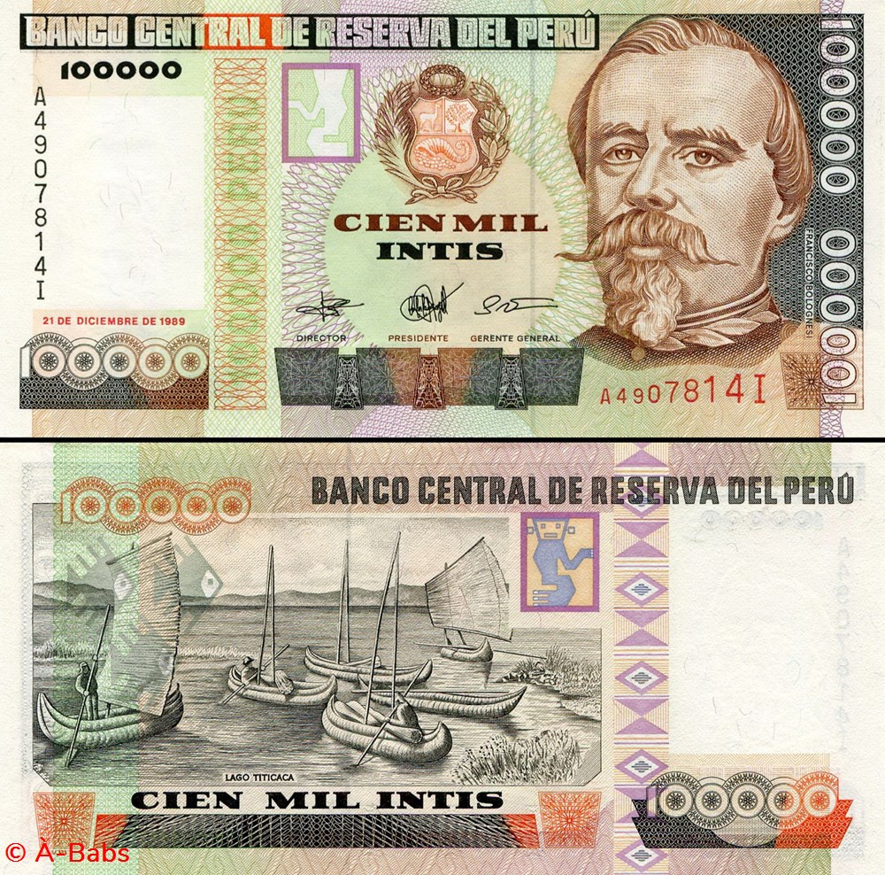 billets amerique du sud perou pick 145 100 000 intis 1989