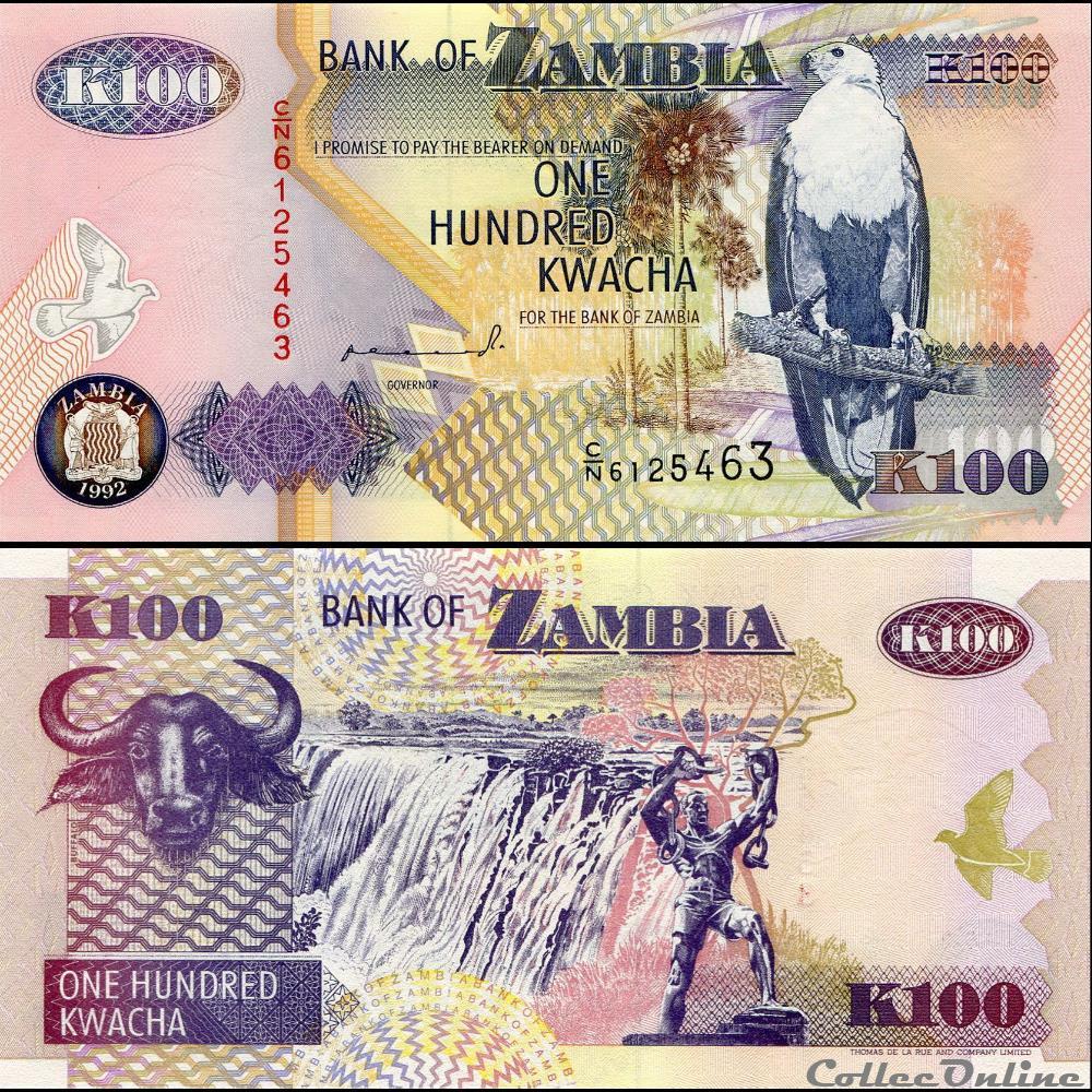 ZAMBIE - PICK 38 a - 100 KWACHA - 1992 billet afrique zambie pick 38 a 100 kwacha 1992