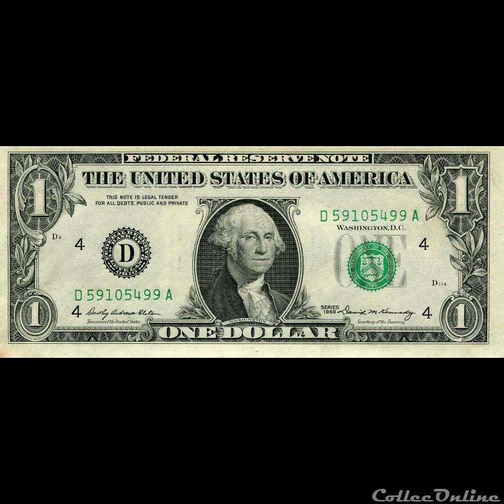 D- 1$ Federal Reserve Notes - Small Size 1969 Series billet amerique du nord etat uni d 1 federal reserve notes small size 1969 series