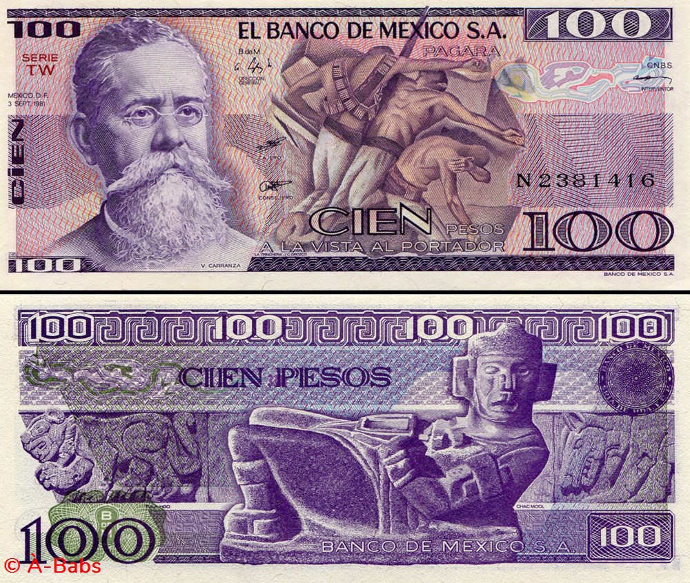 MEXIQUE - PICK 074b.TW - 100 PESOS - 1981 billets amerique du nord mexique pick 074b tw 100 pesos 1981