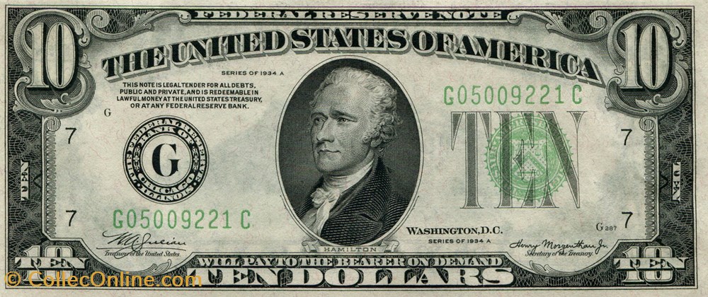$10 FEDERAL RESERVE BANK NOTE - GREEN LIME SEAL 1934 billets amerique du nord etats unis 10 federal reserve bank note green lime seal 1934