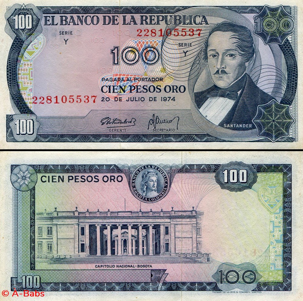COLOMBIE - PICK 415 a2 - 100 PESOS DE ORO COLOMBIEN - 1974 billets amerique du sud colombie pick 415 a2 100 pesos de oro colombien 1974