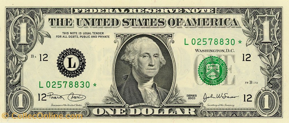 L- 1$ Federal Reserve Notes - Small Size 2003 Series billet amerique du nord etat uni l 1 federal reserve notes small size 2003 series