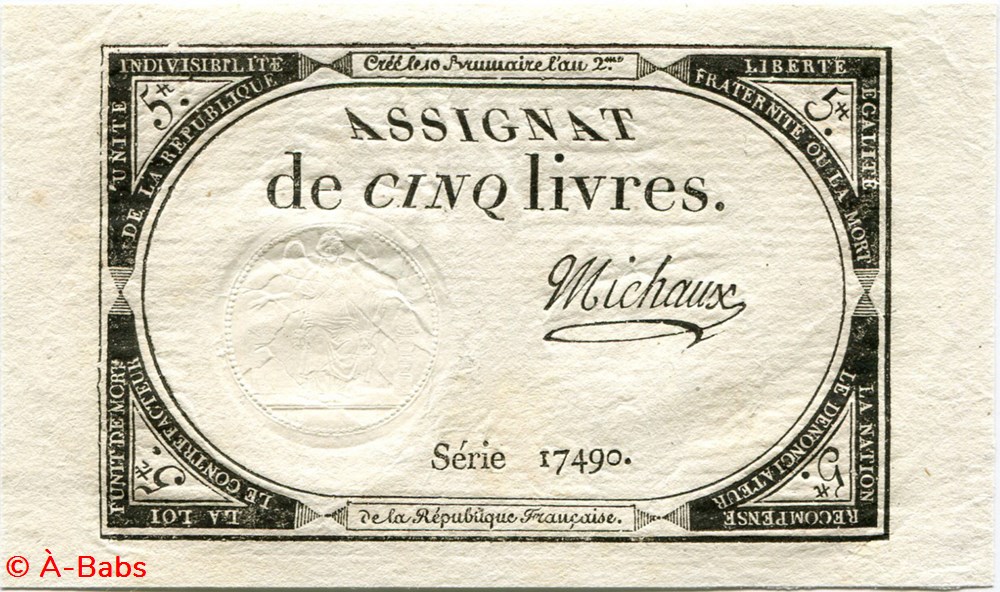 FRANCE - ASSIGNAT DE 5 LIVRES -31/10/1793 - 10 BRUMAIRE DE L'AN II billets europe france assignat de 5 livres 31 10 1793 10 brumaire de an ii